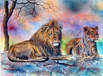 African Painting - Large Lion and Lionesse from Africa